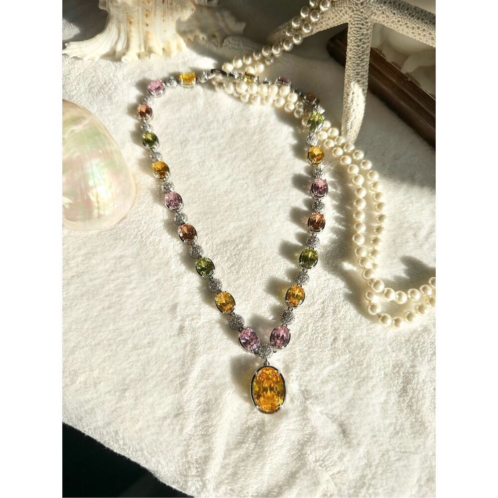Gorgeous oval canary and multicolor cubic zirconia statement necklace  - Picture 9 of 12